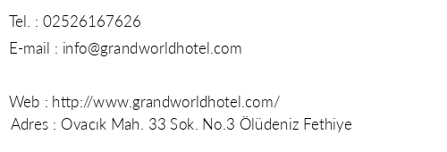 Grand World Hotel telefon numaralar, faks, e-mail, posta adresi ve iletiim bilgileri